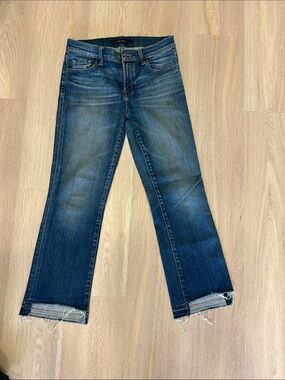J Brand Medium Blue Flare Jeans with Frayed Hem
